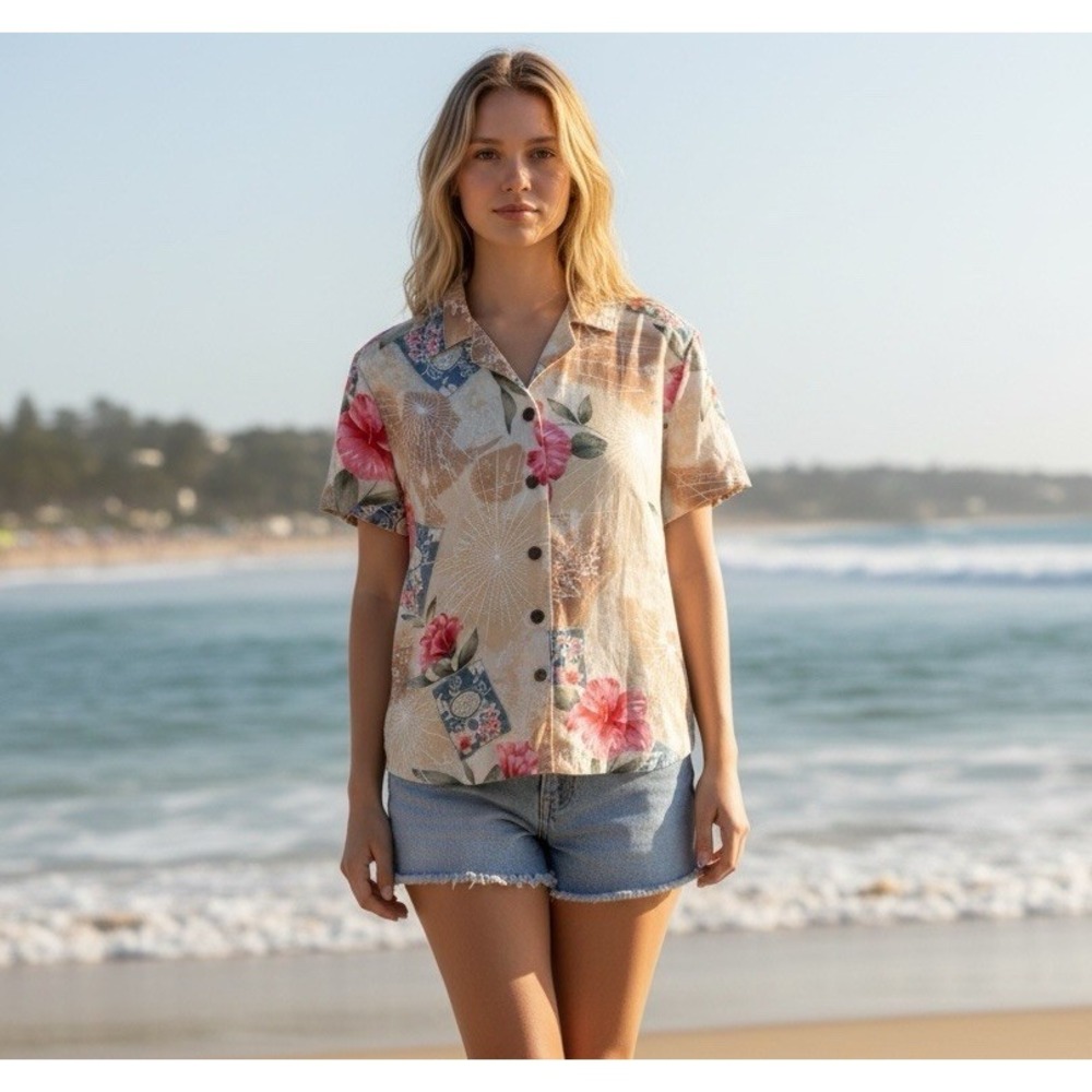 Caribbean Joe Button Up‎ Shirt Womens S Tan Floral Tropical Hawaiian Top Coastal